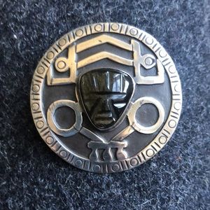 Sterling Silver African Pendant or Brooch with Genuine Carved Stone